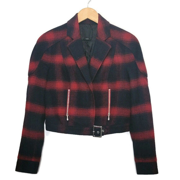Bebe Plaid Buffalo Check Print Moto Jacket Red Navy Blue Short Crop Size 6 - Picture 16 of 16
